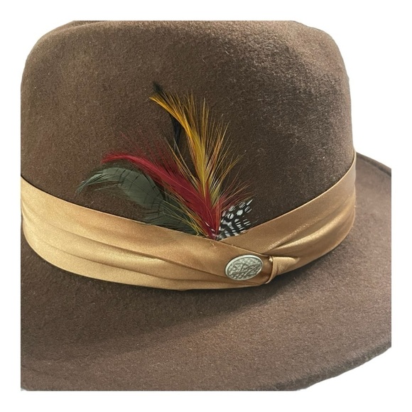 Unisex Vintage wool fedora with multi colored feathers and satin ribbon trim S/M - Picture 6 of 10